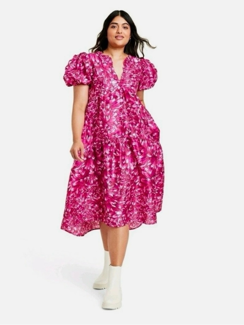 Kika Vargas for Target Fuchsia Floral Puff-Sleeve Midi Dress